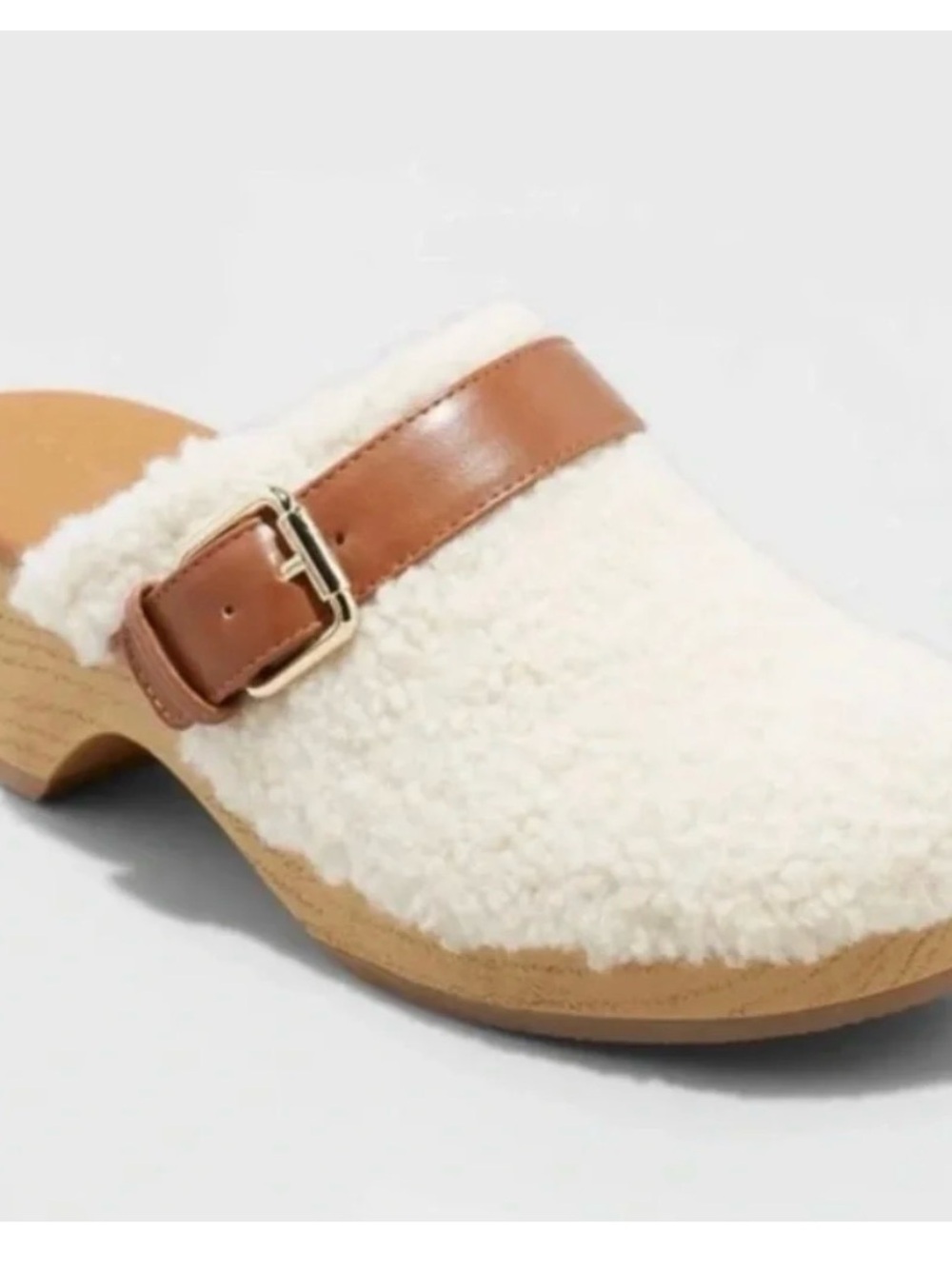 Women’s Cream Sherpa Clog with Brown Faux Leather Strap